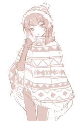 1girl akari_(raigou) black_hair boned_meat elf food fur-trimmed_headwear fur_trim geometric_pattern highres long_sleeves looking_at_viewer meat monochrome open_mouth original pointy_ears pom_pom_(clothes) poncho raigou sepia sidelocks solo thick_eyebrows winter_clothes