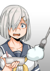 Rule 34 | 1girl, blue eyes, blurry, breasts, commentary request, depth of field, food, fork, gradient background, grey background, grey sailor collar, hair ornament, hair over one eye, hairclip, hamakaze (kancolle), kantai collection, large breasts, open mouth, sailor collar, school uniform, serafuku, short hair, silver hair, solo, surprised, takasugi heppu, teeth, upper body, upper teeth only, yellow neckwear