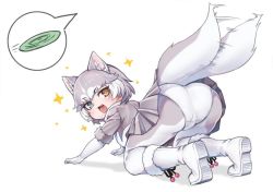 Rule 34 | + +, 1girl, :d, all fours, animal ear fluff, animal ears, ass, blue eyes, boots, commentary, dog (mixed breed) (kemono friends), dog ears, dog tail, elbow gloves, extra ears, fang, frisbee, fur-trimmed headwear, fur trim, gloves, grey hair, heterochromia, kemono friends, looking at viewer, looking back, multicolored hair, nyifu, open mouth, orange eyes, panties, pantyhose, short hair, simple background, skirt, smile, solo, sparkle, spoken object, tail, tail wagging, two-tone hair, underwear, white background, white footwear, white gloves, white hair, white panties