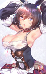 Rule 34 | 1girl, animal ears, armpits, arms up, black hair, blue eyes, blue ribbon, bow, breasts, choker, cleavage, commentary request, detached sleeves, ear ribbon, eishin flash (umamusume), hair between eyes, highres, horse ears, horse girl, large breasts, looking at viewer, mole, mole on breast, open mouth, red choker, ribbon, see-through, short hair, silly (marinkomoe), solo, umamusume