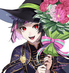 Rule 34 | 1boy, absurdres, black hair, blunt bangs, bouquet, bow, broom, cape, diagonal bangs, fangs, flower, hat, highres, holding, holding bouquet, holding broom, lilia vanrouge, long sleeves, looking at viewer, male focus, multicolored hair, nail polish, nil (pixiv 53614557), open mouth, pink hair, red eyes, short hair, slit pupils, smile, solo, sparkle, twisted wonderland, witch hat