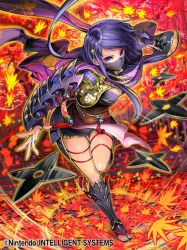 Rule 34 | 1girl, armor, bad id, bad twitter id, blue eyes, blue hair, cleavage, company connection, copyright name, fire emblem, fire emblem cipher, full body, holding, holding weapon, japanese clothes, leaf, looking at viewer, mask, matching hair/eyes, ninja, nintendo, outdoors, sandals, scarf, short hair, shorts, shoulder armor, shuriken, solo, toeless legwear, toes, toyota saori, weapon, yuzu (fire emblem)