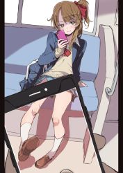 Rule 34 | 1girl, bag, blonde hair, bow, cellphone, commentary, holding, holding phone, io naomichi, long sleeves, looking at viewer, phone, red bow, school bag, school uniform, sitting, skirt, smartphone, socks, white socks, yellow eyes
