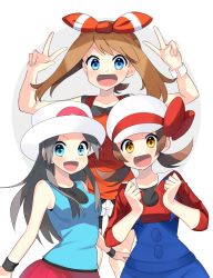 Rule 34 | 3girls, :d, absurdres, bad id, bad twitter id, bike shorts, black shorts, blue eyes, blue shirt, bow, brown eyes, brown hair, clenched hands, collarbone, creatures (company), double v, game freak, hair bow, hairband, hat, hat bow, hat ribbon, highres, leaf (pokemon), long hair, long sleeves, looking at viewer, lyra (pokemon), may (pokemon), multiple girls, nintendo, open mouth, overalls, pleated skirt, poke ball print, pokemon, pokemon frlg, pokemon hgss, pokemon oras, print headwear, red bow, red hairband, red hat, red ribbon, red shirt, red skirt, ribbon, shirt, short shorts, shorts, shorts under shorts, simple background, skirt, sleeveless, sleeveless shirt, smile, standing, striped, striped bow, twintails, v, white background, white shorts, wristband, yuihico