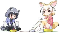 Rule 34 | 10s, 2girls, :3, :d, animal ears, ass, bad id, bad twitter id, black skirt, blonde hair, blue shirt, blush, bow, bowtie, brown eyes, closed mouth, common raccoon (kemono friends), elbow gloves, fang, fennec (kemono friends), fox ears, fox tail, fur trim, gloves, grey gloves, grey hair, inactive account, kemono friends, looking at viewer, multiple girls, open mouth, orange legwear, pantyhose, pleated skirt, raccoon ears, raccoon tail, sakurabe notos, shirt, shoes, short hair, short sleeves, simple background, sitting, skirt, smile, sweater, tail, thighhighs, washing, white background, white gloves, white legwear, white shirt, yarn, yarn ball