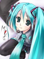 Rule 34 | 1girl, aqua hair, aqua necktie, black thighhighs, blouse, boshinote, character name, collared shirt, detached sleeves, from above, gradient background, grey shirt, hair between eyes, hatsune miku, headset, long hair, necktie, shirt, sleeveless, sleeveless shirt, solo, thighhighs, twintails, very long hair, vocaloid, wavy mouth, white background