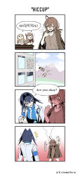 Rule 34 | 2girls, 3others, ahoge, alternate costume, alternate hairstyle, blanket, blue eyes, blue hair, blue jacket, broken glass, brown eyes, brown hair, brown shirt, building, casual, cloud, cloudy sky, comic, coughing, english text, feather hair ornament, feathers, glass, hair intakes, hair ornament, highres, holding own arm, hololive, hololive english, hooman (nanashi mumei), jacket, long hair, looking at another, low ponytail, mountain, multicolored hair, multiple girls, multiple others, nanashi mumei, notice lines, ouro kronii, ponytail, runes, shirt, short hair, sky, steam, streaked hair, sweatdrop, t-shirt, taka t, turtleneck, very long hair, virtual youtuber, white jacket, window