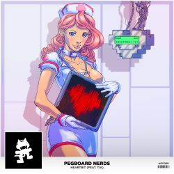 Rule 34 | 1girl, barcode, belt collar, blue eyes, breasts, cleavage, collar, cowboy shot, curly hair, dress, earrings, facing viewer, gloves, hat, heart, highres, huge breasts, id card, jewelry, large breasts, long hair, looking at viewer, nurse, nurse cap, pegboard nerds, pink hair, solo, standing, stethoscope, white collar, white dress, white gloves