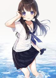 Rule 34 | 1girl, arm up, black skirt, blue neckerchief, blush, brown hair, hand in own hair, holding, holding clothes, holding skirt, light smile, long hair, looking at viewer, low twintails, neckerchief, original, parted lips, pleated skirt, purple eyes, rimo, short sleeves, skirt, smile, solo, standing, teeth, twintails, wading