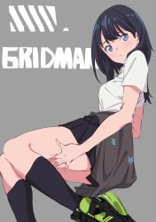 Rule 34 | 10s, 1girl, black hair, black skirt, black socks, blue eyes, closed mouth, clothes around waist, commentary request, copyright name, grey background, gridman universe, hand on own thigh, highres, kneehighs, long hair, looking at viewer, lying, nike (company), on side, pleated skirt, saitou kengo, shirt, shoes, short sleeves, simple background, skirt, sneakers, socks, solo, ssss.gridman, sweater, sweater around waist, takarada rikka, thighs, white shirt