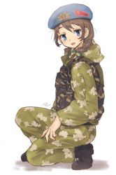 Rule 34 | 1girl, ankle boots, beret, blue eyes, blue hat, blush, boots, brown eyes, brown footwear, brown hair, camouflage, full body, hat, kikurina, long sleeves, looking at viewer, military, military uniform, on one knee, original, seiza, short hair, simple background, sitting, solo, soviet, ukrainian flag, uniform, vdv, white background