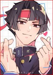 1boy 63_rok ace_attorney black_hair border finger_heart gakuran grid_background hand_up headband heart kazuma_asogi male_focus portrait red_border red_eyes red_headband school_uniform short_hair smile solo the_great_ace_attorney twitter_username