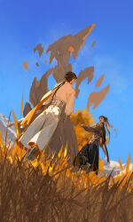 Rule 34 | 2boys, black pants, blue sky, brown hair, character request, day, from behind, from below, full body, ibuki satsuki, jianxia qingyuan (series), jianxia qingyuan online 3, long hair, male focus, multiple boys, nature, on grass, open mouth, outdoors, pants, pointing, sky, standing, star (sky), starry sky, sword, tree, weapon, wuxia