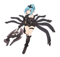Rule 34 | 10s, 1girl, armor, armored boots, asuna (sao), asuna (sao-alo), axe, black footwear, black gloves, black shorts, blue eyes, blue hair, boots, full body, gloves, hair ornament, holding, holding weapon, leg up, looking at viewer, pointy ears, polearm, short hair with long locks, short shorts, shorts, shoulder armor, simple background, smile, solo, pauldrons, standing, sword art online, thigh strap, weapon, white background