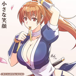 Rule 34 | 1girl, arm guards, artist name, breasts, brown eyes, brown hair, choker, cleavage, commentary, dead or alive, dead or alive 2, high ponytail, holding, japanese clothes, kasumi (doa), kodachi, large breasts, long hair, looking at viewer, mouth hold, ninja, petals, ponytail, puffy short sleeves, puffy sleeves, richard suwono, short sleeves, short sword, signature, simple background, smile, sword, upper body, weapon