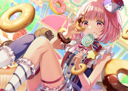 Rule 34 | 1girl, :q, banned artist, bare shoulders, bloomers, blue bow, blue thighhighs, blush, bow, breasts, candy, closed mouth, commentary request, doughnut, dutch angle, food, frilled socks, frills, hat, holding, holding candy, holding food, holding lollipop, knees up, lollipop, mini hat, ootori emu, pink hair, project sekai, red eyes, safety pin, single thighhigh, sitting, small breasts, smile, socks, socks over thighhighs, solo, star (symbol), star in eye, striped, striped bow, swirl lollipop, symbol in eye, thighhighs, tilted headwear, tongue, tongue out, underwear, white bloomers, white socks, yuuka nonoko