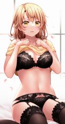 Rule 34 | 1girl, black bra, black panties, black thighhighs, blush, bra, breasts, brown hair, cleavage, clothes lift, commentary request, garter straps, highres, isshiki iroha, kneeling, lace trim, lingerie, looking at viewer, medium breasts, medium hair, midriff, navel, open mouth, panties, petals, red hayao, shirt, shirt lift, solo, thighhighs, underwear, yahari ore no seishun lovecome wa machigatteiru., yellow eyes