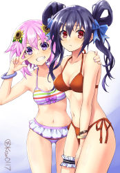 Rule 34 | 2girls, absurdres, artist name, bangle, bare arms, bare legs, bare shoulders, belly, bikini, bikini skirt, black hair, blue background, bracelet, breasts, choujigen game neptune, choujigen game neptune the animation, cleavage, collarbone, commentary request, compile heart, cowboy shot, dot nose, facing viewer, female focus, flower, friends, frilled bikini, frills, frown, gluteal fold, gradient background, grin, hair flower, hair ornament, hair rings, hairclip, halterneck, hand on another&#039;s shoulder, highres, idea factory, jewelry, kow (kow0117), legs, legs apart, long hair, looking at viewer, medium breasts, midriff, multiple girls, nail polish, navel, neck, neptune (neptunia), neptune (series), nervous, noire (neptunia), orange bikini, purple eyes, purple hair, purple nails, red bikini, red eyes, ribbon, short hair, side-tie bikini bottom, skirt, small breasts, smile, standing, striped bikini, striped clothes, sunflower, swimsuit, tareme, teeth, thighlet, thighs, twin loops, twinloops, twintails, twitter username, unsure, v, white background