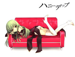 Rule 34 | 00s, 1girl, boots, c.c., code geass, couch, detached sleeves, female focus, green hair, long hair, lying, mizunomoto, on stomach, red upholstery, shoes, solo, thigh boots, thighhighs, white footwear