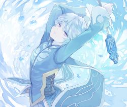 Rule 34 | 10s, 1boy, arms up, bishounen, male focus, mikleo (tales), purple eyes, short hair, solo, staff, tales of (series), tales of zestiria, tonshi, water, white hair