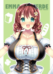 Rule 34 | 1girl, apron, aqua eyes, artist name, artist request, back bow, bare shoulders, black bow, black corset, black hairband, blue eyes, blush, bow, bow hairband, bowtie, braid, bread, breasts, brown hair, buttons, center frills, cleavage, close-up, collarbone, corset, curly hair, detached sleeves, dress, drill hair, emma verde, evergreen (love live!), female focus, flower, flower hair ornament, flower print, food, food print, freckles, frilled dress, frills, german clothes, green background, green hairband, green skirt, hair between eyes, hair flower, hair ornament, hairband, hairclip, hug, incoming hug, jewelry, large breasts, long hair, looking at viewer, love live!, love live! nijigasaki high school idol club, love live! school idol festival, miniskirt, outstretched arms, parted lips, plaid, plaid dress, plaid skirt, pleated, pleated dress, pleated skirt, puffy short sleeves, puffy sleeves, red bow, red hair, red ribbon, ribbon, ribbon trim, short sleeves, skirt, smile, solo, swiss clothes, twin braids, twin drills, twintails, white apron, white bow, white dress, white skirt