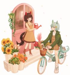 Rule 34 | 2girls, ^ ^, alternate costume, animal ears, apron, baguette, bicycle, blue eyes, blush, bread, brown hair, brown skirt, closed eyes, ear covers, english text, flower, food, green hair, green jacket, highres, holding, holding watering can, horse ears, horse girl, jacket, jewelry, long sleeves, looking at another, loose socks, multiple girls, necklace, nishino flower (umamusume), open clothes, open jacket, overall shorts, overalls, plant, potted plant, rio (rio 067), seiun sky (umamusume), shirt, shoes, short hair, skirt, smile, sneakers, socks, sunflower, turtleneck, twitter username, umamusume, watering can, white footwear, white shirt