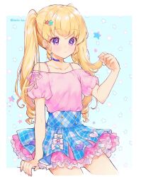 Rule 34 | 1girl, bare shoulders, blonde hair, blue background, blue skirt, choker, closed mouth, commentary request, cowboy shot, earrings, frilled skirt, frills, hair ornament, hand up, highres, holding, holding hair, idol time pripara, jewelry, long hair, off-shoulder shirt, off shoulder, pink shirt, plaid, plaid skirt, pleated skirt, pretty series, pripara, purple choker, purple eyes, ringlets, shirt, short sleeves, skirt, solo, star (symbol), star hair ornament, touyama soboro, twintails, yumekawa yui