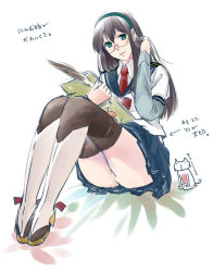 Rule 34 | 10s, 1girl, bad id, bad pixiv id, batsubyou, black hair, blue eyes, blue skirt, cat, feathers, glasses, hairband, hiyoshi hana, kantai collection, legs together, long hair, long sleeves, necktie, ooyodo (kancolle), open mouth, panties, pantyshot, pen, pleated skirt, school uniform, serafuku, sitting, skirt, smile, solo, thighhighs, translation request, underwear, white panties