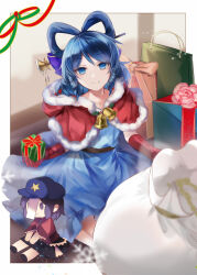 Rule 34 | 1girl, bag, blue eyes, blue hair, capelet, chisel, closed mouth, commentary request, doll, drill hair, drill sidelocks, fur trim, gift, gloves, hair ornament, hair rings, hair stick, hat ornament, highres, kaku seiga, kutsuki kai, looking at viewer, miyako yoshika, red capelet, red gloves, sack, sidelocks, smile, solo, star (symbol), star hat ornament, touhou