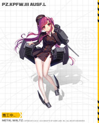 Rule 34 | 1girl, bison cangshu, black dress, cannon, caterpillar tracks, dress, full body, hand on own face, hat, looking at viewer, mecha musume, military hat, mini hat, official art, panzer iii ausf l (panzer waltz), panzer waltz, personification, purple eyes, purple hair, shadow, solo, standing, tachi-e, tank turret, thighhighs, twintails, watermark