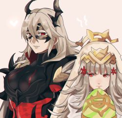 Rule 34 | 2girls, animal ears, armor, black armor, black mask (clothing), bone, breastplate, breasts, cape, closed mouth, crown, domino mask, dress, earrings, easter egg, egg, fire emblem, fire emblem heroes, flower, food, grey hair, hair between eyes, hair flower, hair ornament, heart, holding, holding egg, holding food, horned mask, horns, jewelry, large breasts, long hair, looking at another, mask, masked, multiple girls, nintendo, parted lips, pink background, rabbit ears, red eyes, rem (eyes 410), simple background, skeleton, teeth, thrasir (fire emblem), see-through body, upper body, veronica (fire emblem), white cape, white dress