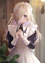 Rule 34 | 1boy, absurdres, apron, black dress, blonde hair, blurry, blurry background, blurry foreground, brooch, candle, collared dress, colored inner hair, commission, cross tie, crossdressing, dress, hair over one eye, highres, indie virtual youtuber, jewelry, juliet sleeves, long hair, long sleeves, looking at viewer, maid, maid apron, maid headdress, male maid, mikemomonga, multicolored hair, own hands together, plant, puffy sleeves, purple eyes, purple hair, smile, solo, trap, tsumugi ayatsuki, upper body, white apron
