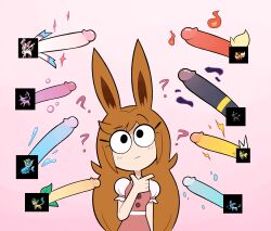 Rule 34 | 1girl, ?, absurdres, bad id, bad twitter id, brown hair, candyevie, colored skin, creatures (company), disembodied penis, dress, eevee, electricity, espeon, fire, flareon, game freak, gen 1 pokemon, gen 2 pokemon, gen 4 pokemon, gen 6 pokemon, glaceon, highres, ice, jolteon, kemonomimi mode, large penis, leaf, leafeon, long hair, miscon, nintendo, penis, pokemon, raised eyebrow, solo, sylveon, thinking, umbreon, uncensored, vaporeon, water, white background, white skin