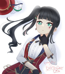 Rule 34 | 1girl, alternate hairstyle, aqua flower, artist name, artist request, back ribbon, black corset, black gloves, black hair, black neckerchief, blue bow, blunt bangs, bow, breasts, buttons, clenched hand, collared shirt, corset, dia&#039;s illusion (love live!), double horizontal stripe, dress, dress shirt, earrings, elbow sleeves, feathers, female focus, floating hair, flower, gem, gloves, green eyes, hair ornament, hairclip, hairpin, hat, hat bow, hat feather, heart, heart (symbol), heart print, high ponytail, highres, jewelry, kurosawa dia, long hair, looking at viewer, love live!, love live! school idol festival, love live! school idol festival all stars, love live! sunshine!!, medium breasts, mole, mole under mouth, neckerchief, pearl (gemstone), ponytail, red hat, red shorts, red vest, ribbon, shirt, shorts, shorts under dress, solo, spade (shape), spade print, top hat, unworn headwear, vest, white background, white feathers, white flower, white shirt, wing collar, yellow ribbon