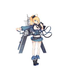 Rule 34 | 1girl, ahoge, belt, black belt, black bow, black footwear, black necktie, blonde hair, blue eyes, blue jacket, blue skirt, blush, bogue (warship girls r), book, bow, breasts, cannon, character name, closed mouth, eyebrows, flight deck, framed breasts, full body, high collar, holding, holding book, jacket, long hair, long sleeves, looking at viewer, machinery, miniskirt, necktie, official art, outstretched arm, pleated skirt, rain lan, remodel (warship girls r), shoes, side ponytail, skirt, solo, standing, text focus, thighhighs, torpedo, transparent background, turret, warship girls r, white thighhighs