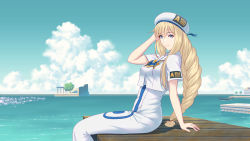 Rule 34 | 1girl, alicia florence, aria (manga), arm support, blonde hair, blouse, blue bow, blue bowtie, blue eyes, blue sky, bow, bowtie, braid, braided ponytail, cloud, cloudy sky, commentary request, crop top, day, fateline alpha, from side, gondola, hair ornament, hand up, hat, high-waist skirt, highres, horizon, long hair, looking at viewer, looking to the side, ocean, pier, scenery, shirt, short sleeves, single braid, sitting, skirt, sky, smile, solo, uniform, white hat, white shirt, white skirt