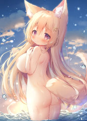 Rule 34 | 1girl, animal ear fluff, animal ears, ass, blonde hair, blush, breasts, closed mouth, cloud, completely nude, fox ears, fox girl, fox tail, from behind, hair between eyes, hair ornament, highres, large breasts, long hair, looking at viewer, momozu komamochi, nipples, nude, ocean, oppai loli, original, outdoors, partially submerged, purple eyes, sideboob, sky, solo, sunset, tail, wet