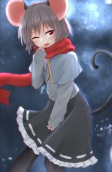 Rule 34 | 1girl, ;d, animal ears, black pantyhose, black skirt, blue capelet, blush, capelet, commentary request, dakuazu, flat chest, grey hair, grey sweater, hand to own mouth, highres, jewelry, looking to the side, mouse ears, mouse tail, nazrin, night, night sky, one eye closed, open mouth, pantyhose, pendant, red eyes, red scarf, scarf, short hair, skirt, sky, sleeves past wrists, smile, snowing, solo, standing, star (sky), starry sky, sweater, tail, touhou
