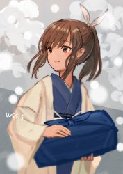 Rule 34 | 1girl, artist name, blue kimono, blush, brown eyes, brown hair, closed mouth, furisode, hair between eyes, holding, i-401 (kancolle), japanese clothes, kantai collection, kimono, long sleeves, obi, official alternate costume, ponytail, sash, short hair, signature, solo, upper body, wide sleeves, wss (nicoseiga19993411)