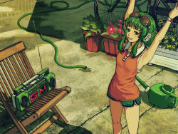 Rule 34 | 1girl, bicycle, chair, cowboy shot, flower, goggles, goggles on head, green eyes, green hair, gumi, headphones, headset, horuda, hose, matching hair/eyes, radio, short hair, shorts, smile, solo, stretching, vocaloid, watering can