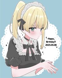 Rule 34 | 1girl, :|, alternate costume, apron, averting eyes, black choker, black ribbon, black shirt, blonde hair, blue background, blunt bangs, blush, breasts, choker, closed mouth, cropped torso, dated, doily, enmaided, frilled apron, frills, from side, green eyes, hair ribbon, happy birthday, high ponytail, highres, ichinose rei, idoly pride, looking ahead, maid, maid headdress, medium breasts, neck ribbon, own hands together, puffy short sleeves, puffy sleeves, raised eyebrows, ribbon, shirt, short sleeves, sidelocks, simple background, solo, white apron, wispy bangs, xx ly xo