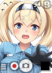 Rule 34 | 1girl, black gloves, blonde hair, blue eyes, blue shirt, breast pocket, breasts, camera phone, cellphone, commentary request, flying sweatdrops, gambier bay (kancolle), gloves, kantai collection, large breasts, long hair, natsunoyuu, phone, fake phone screenshot, pocket, shirt, simple background, solo, twintails, upper body, viewfinder, white background