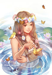 Rule 34 | 1girl, animal, animal on shoulder, arm sling, bird, bird on hand, bird on shoulder, braid, breasts, brown eyes, brown hair, charity, cleavage, commentary, english commentary, finni chang, flower, hair flower, hair ornament, hair over shoulder, head wreath, image sample, long hair, medium breasts, original, partially submerged, signature, smile, solo focus, tumblr sample, twin braids, wading, water