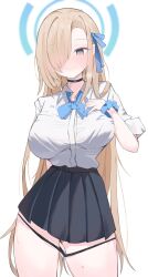 Rule 34 | 1girl, absurdres, asuna (blue archive), black choker, black panties, black skirt, blonde hair, blue archive, blue bow, blue bowtie, blue eyes, blue halo, blue nails, blue ribbon, blue scrunchie, blush, bow, bowtie, breasts, choker, closed mouth, commentary request, fingernails, hair over one eye, hair ribbon, halo, highres, large breasts, long hair, looking at viewer, nail polish, nui (nuinui0300), panties, panty pull, ribbon, scrunchie, short sleeves, simple background, skirt, smile, solo, underwear, very long hair, white background, wrist scrunchie
