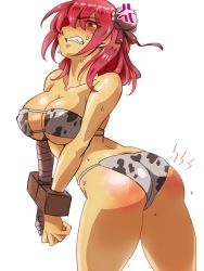 Rule 34 | 1girl, anger vein, animal print, ass, bandaged arm, bandages, bare shoulders, bikini, blush, bound, bound wrists, breasts, bun cover, cleavage, clenched teeth, collarbone, commentary request, cow print, cow print bikini, cowboy shot, double bun, eyepatch bikini, hair bun, handcuffed, ibaraki kasen, looking at viewer, medium breasts, nunnun (shunka shuutou), pink eyes, pink hair, print bikini, red ass, shiny skin, short hair, simple background, slap mark, solo, spanked, standing, sweat, swimsuit, teeth, thighs, touhou, twisted torso, white background