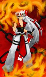 Rule 34 | arc system works, cosplay, fire, fujiwara no mokou, guilty gear, highres, power connection, sol badguy, sol badguy (cosplay), touhou