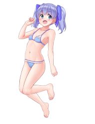 Rule 34 | 1girl, absurdres, barefoot, bikini, blue bikini, blue eyes, blue hair, bow, collarbone, commentary request, feet, flat chest, frilled bikini, frills, full body, hair bow, highres, long hair, looking at viewer, navel, nijisanji, open mouth, sakurano yukke, simple background, smile, solo, swimsuit, twintails, virtual youtuber, white background, yuuki chihiro