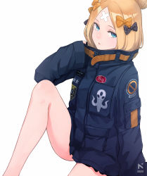 Rule 34 | 1girl, abigail williams (fate), abigail williams (traveling outfit) (fate), alternate hairstyle, artist request, bandaid, bandaid on face, bandaid on forehead, belt, black bow, black jacket, blonde hair, blue eyes, bow, crossed bandaids, fate/grand order, fate (series), forehead, hair bow, hair bun, heroic spirit traveling outfit, high collar, highres, jacket, knee up, long hair, long sleeves, looking at viewer, md5 mismatch, official alternate costume, open mouth, orange bow, parted bangs, polka dot, polka dot bow, resolution mismatch, simple background, single hair bun, sitting, sleeves past wrists, solo, source larger, thighs, white background