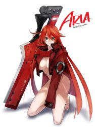 Rule 34 | 1girl, aria (guilty gear), barefoot, borrowed clothes, bottomless, cosplay, dated, green eyes, guilty gear, guilty gear xrd, jacket, kneeling, long hair, maka (morphine), navel, red hair, sol badguy, sol badguy (cosplay), solo, sword, weapon, white background