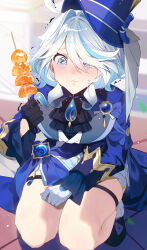 Rule 34 | 1girl, absurdres, ahoge, ascot, asymmetrical gloves, black ascot, black gloves, blue eyes, blue headwear, blue jacket, brooch, commentary request, crying, crying with eyes open, food, furina (genshin impact), genshin impact, gloves, highres, holding, holding food, jacket, jewelry, long sleeves, mismatched gloves, seiza, shotgunman, sitting, smile, solo, tears, thigh strap, thighs, white gloves, white hair
